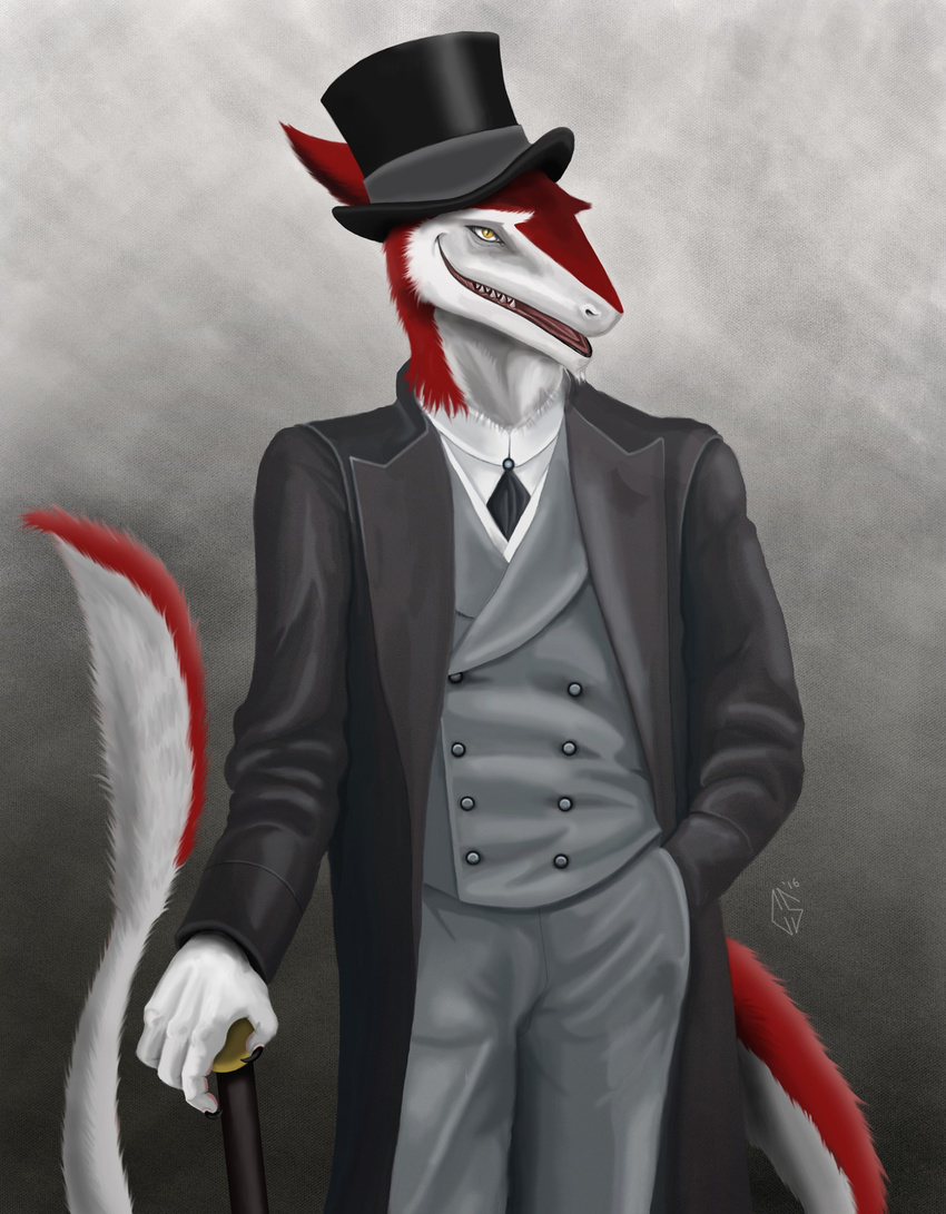 ambiguous_gender cane classy claws coat fangs frock_coat fur hat magnus_matova mammal multicolored_fur razial_matova red_fur sergal simple_background teeth tongue top_hat two_tone_fur victorian victorian_coat white_fur yellow_eyes