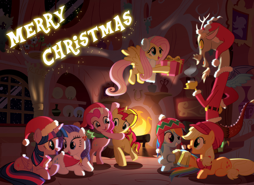 2014 antlers applejack_(mlp) beverage blonde_hair blue_eyes blue_feathers blue_fur blue_hair christmas costume cutie_mark discord_(mlp) dracoequus earth_pony english_text equestria_girls equine feathers female feral fireplace fluttershy_(mlp) flying food freckles friendship_is_magic fur gift green_eyes group hair hat hi_res holidays horn horse inside light262 male mammal multicolored_hair multicolored_tail my_little_pony night open_mouth orange_fur pegasus pink_fur pink_hair pinkie_pie_(mlp) pony purple_eyes purple_fur purple_hair rainbow_dash_(mlp) rainbow_fur rainbow_hair rainbow_tail rarity_(mlp) smile sunset_shimmer_(eg) text twilight_sparkle_(mlp) two_tone_hair unicorn white_fur window winged_unicorn wings yellow_fur