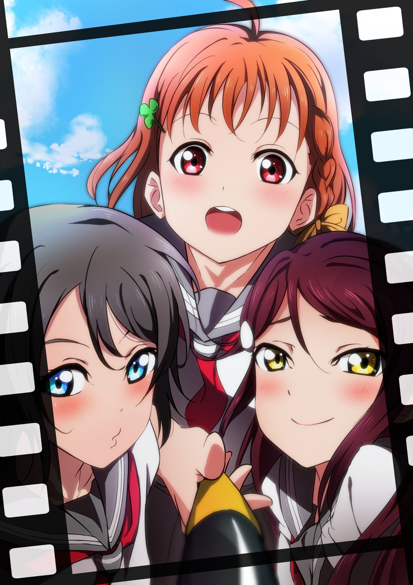 absurdres ahoge blue_eyes blush bow braid brown_hair clover_hair_ornament film_strip hair_ornament highres long_hair looking_at_viewer love_live! love_live!_sunshine!! multiple_girls open_mouth orange_hair red_eyes red_hair sakurauchi_riko school_uniform self_shot serafuku short_hair smile takami_chika uranohoshi_school_uniform watanabe_you yellow_eyes yuuki_(nijiiro_palette)