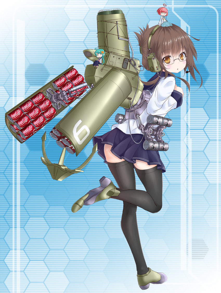 alcohol alternate_legwear anchor_symbol asahi_breweries back beer beer_can bespectacled black_gloves black_legwear blouse brown_hair can coca-cola colorized depth_charge_projector fairy_(kantai_collection) folded_ponytail glasses gloves hair_ornament hairclip headphones highres inazuma_(kantai_collection) kantai_collection long_hair looking_at_viewer looking_back mikuma_folgore neckerchief school_uniform serafuku shield smokestack solo thighhighs tsuruoka_masayoshi_to_junjou_romantica_2 type_3_active_sonar type_3_depth_charge_projector