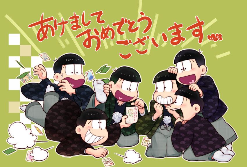 black_hair blush brothers card child hakama hanafuda haori heart heart_in_mouth highres japanese_clothes male_focus matching_outfit matsuno_choromatsu matsuno_ichimatsu matsuno_juushimatsu matsuno_karamatsu matsuno_osomatsu matsuno_todomatsu multiple_boys new_year osomatsu-kun pom_pom_(clothes) sextuplet_(osomatsu-kun) sextuplets sibarue siblings smile sweatdrop translation_request