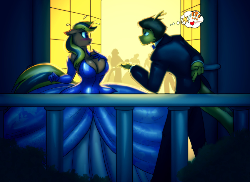 !?! &lt;3 2016 anthro armadillo balcony blush breasts cleavage clothed clothing dress elbow_gloves equine fan_character female gloves horn mammal my_little_pony outside toughset unicorn