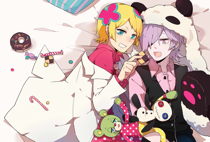 animal_ears bad_id bad_pixiv_id blonde_hair blue_eyes candy candy_cane character_request checkerboard_cookie cookie doughnut food grin highres inga irabu_ichirou kuuchuu_buranko lavender_eyes lavender_hair lying on_back on_side open_mouth panda_ears paws smile stuffed_animal stuffed_toy un-go vest wang_xinquan