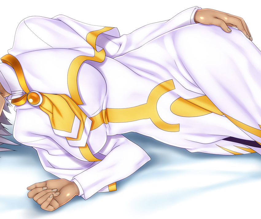 aria athena_glory bed_sheet breasts close-up dakimakura dark_skin dress hand_on_ass head_out_of_frame lying medium_breasts okina_ika on_side orange_planet_uniform pantyhose solo uniform