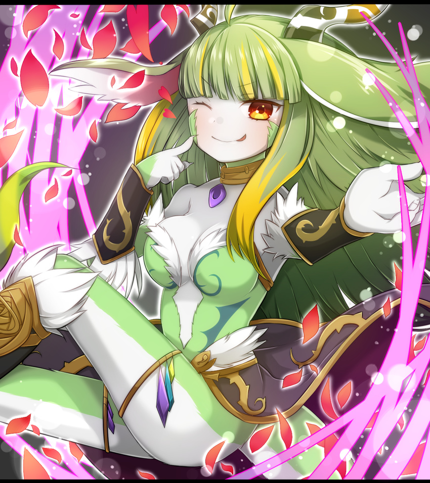 ;p ahoge akirannu bad_id bad_pixiv_id blonde_hair bracer dragon_girl dragon_tail facial_mark fingernails fur_trim green_hair highres horns jewelry letterboxed linthia_(p&amp;d) long_fingernails long_hair multicolored_hair one_eye_closed orange_eyes pendant petals pointing pointing_at_self puzzle_&amp;_dragons smile solo tail tongue tongue_out two-tone_hair