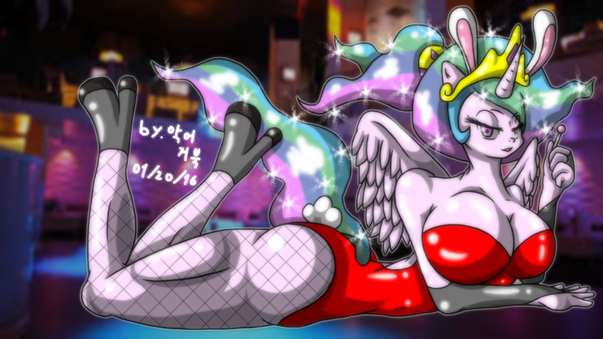 16:9 absurd_res big_breasts breasts candy cute equine female food friendship_is_magic hair hi_res horn horse imdudrjsmi lagomorph looking_at_viewer mammal my_little_pony nightclub pony princess_celestia_(mlp) rabbit smile solo wide_hips winged_unicorn wings