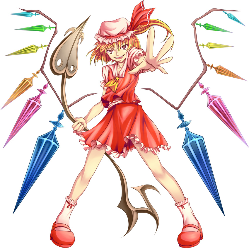 alternate_wings bad_id bad_pixiv_id fangs flandre_scarlet foreshortening full_body highres laevatein nemo_(marmeid331) ponytail red_eyes side_ponytail solo touhou transparent_background wings