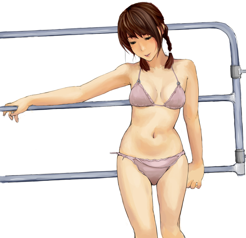 bare_shoulders bikini braid brown_hair chelle_ingham copyright_request derivative_work gate hair_over_shoulder highres looking_down navel short_hair solo swimsuit twin_braids twintails