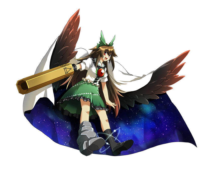 absurdres akimegu_m asymmetrical_clothes bow brown_hair cape eyes full_body hair_bow highres long_hair mismatched_footwear red_eyes reiuji_utsuho solo touhou transparent_background wings