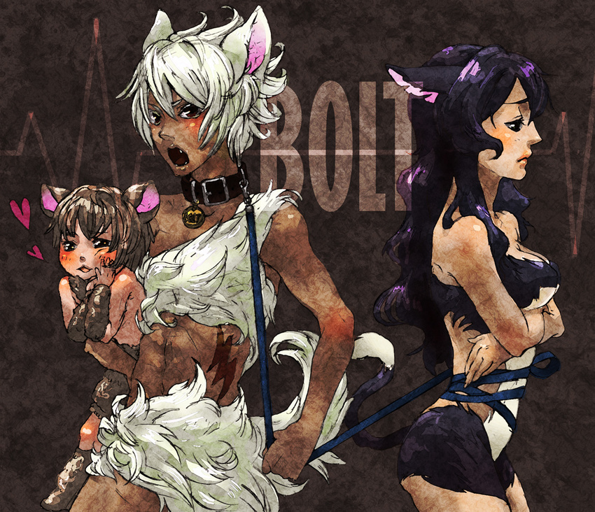 animal_ears anna_kotori bad_id bad_pixiv_id bolt_(character) bolt_(movie) breasts cat_tail collar disney dog_tail heart leash medium_breasts mittens_(bolt) navel open_mouth personification rhino_(bolt) tail tattoo