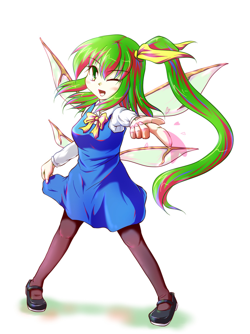 bad_id bad_pixiv_id bow breasts daiyousei full_body green_eyes green_hair hair_bow heart highres medium_breasts merri one_eye_closed pantyhose side_ponytail solo touhou transparent_background wings