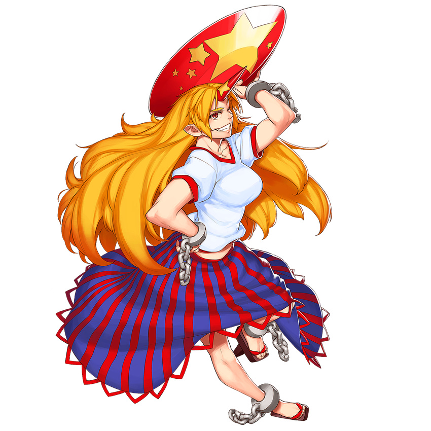 azusa_(hws) blonde_hair breasts chain cuffs cup full_body geta grin hand_on_hip highres horn hoshiguma_yuugi large_breasts long_hair md5_mismatch muscle one_eye_closed pointy_ears red_eyes sakazuki skirt smile solo star touhou transparent_background
