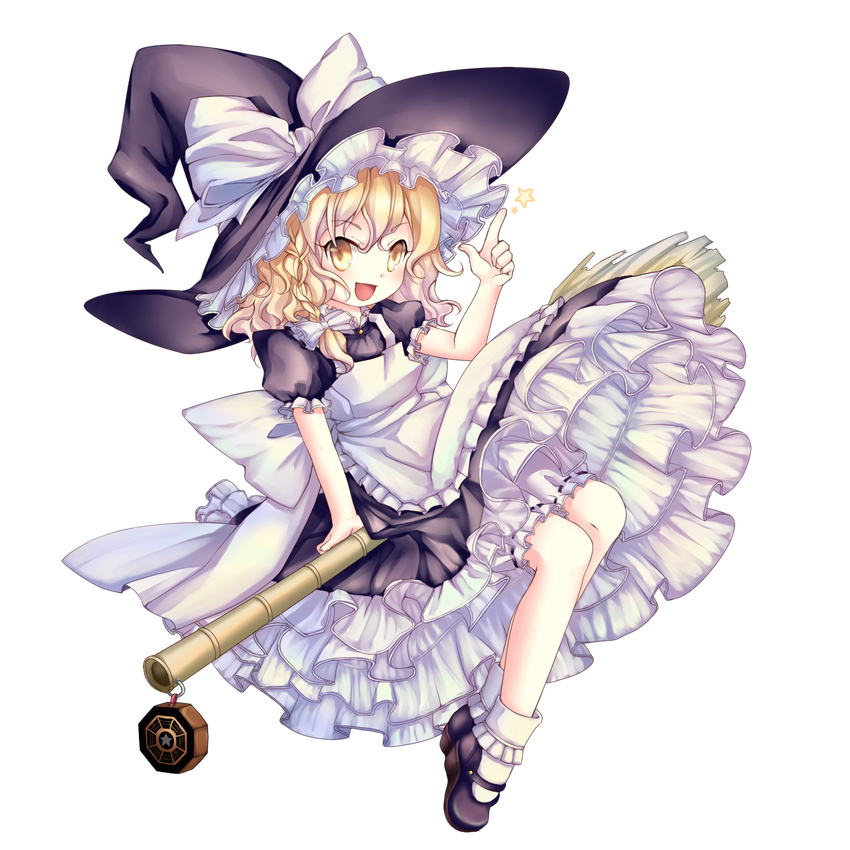 apron blonde_hair bloomers bobby_socks bow braid broom broom_riding enone frills full_body gathers hair_bow hat highres kirisame_marisa large_bow mary_janes mini-hakkero open_mouth pointing shoes short_hair side_braid smile socks solo star touhou transparent_background underwear white_legwear witch_hat yellow_eyes