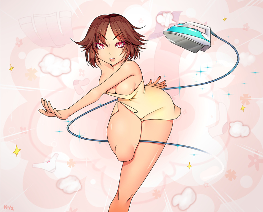 :d breasts brown_hair iron kuroonehalf looking_at_viewer medium_breasts naked_towel open_mouth original red_eyes short_hair smile solo standing standing_on_one_leg towel v-shaped_eyebrows