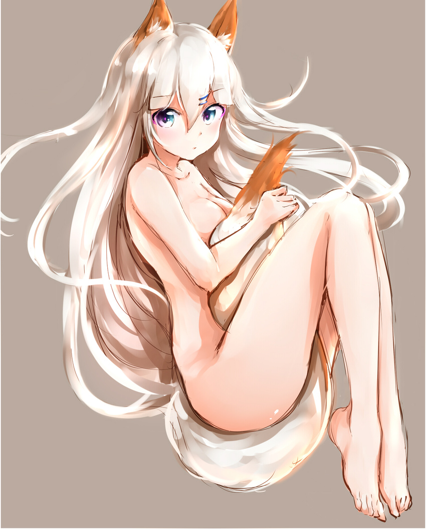 animal_ear_fluff animal_ears barefoot between_legs blue_eyes blush breasts fetal_position fox_ears fox_tail full_body hair_between_eyes hair_ornament hairclip highres long_hair long_legs looking_at_viewer medium_breasts nude original plantar_flexion silver_(chenwen) silver_hair simple_background sketch solo tail tail_between_legs tail_hug very_long_hair