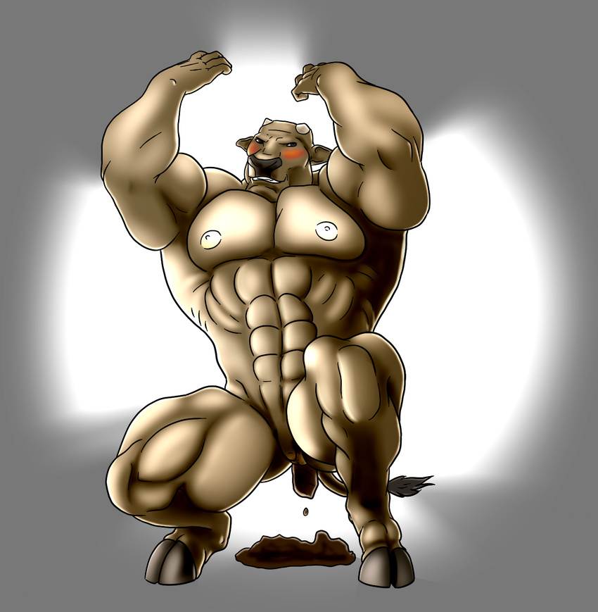 2015 abs anthro backlight balls biceps big_muscles blush bovine cattle crouching digital_media_(artwork) feces flexing fur hair hooves horn humanoid_penis lionsilverwolf looking_at_viewer male mammal muscular muscular_male nipples nude pecs penis pooping quads scat simple_background small_penis smile solo teeth