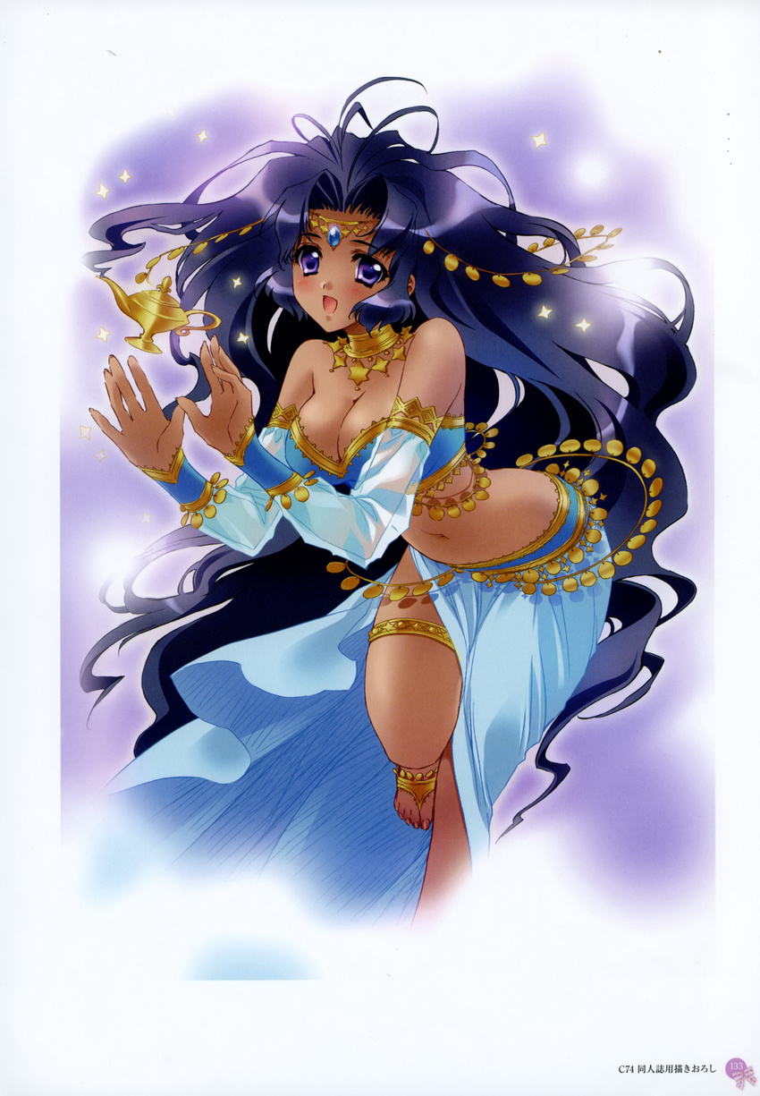 :d absurdres arabian_clothes bare_shoulders barefoot barefoot_sandals blue_hair blush breasts carnelian cleavage collar copyright_request dark_skin elbow_gloves gloves highres jewelry large_breasts leg_up long_hair midriff navel oil_lamp open_mouth purple_eyes smile solo tiara very_long_hair