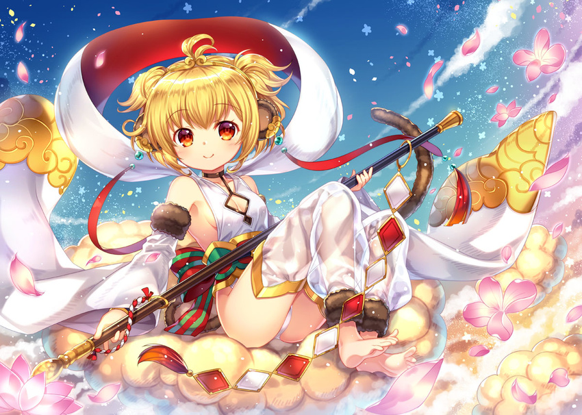 ahoge andira_(granblue_fantasy) animal_ears bangs bare_shoulders barefoot blonde_hair breasts capura_lin cleavage cleavage_cutout cloud day detached_sleeves earrings erune feet flying_nimbus granblue_fantasy hagoromo hairband jewelry leotard looking_at_viewer monkey_ears monkey_tail red_eyes shawl short_hair sideboob sitting small_breasts smile soles solo staff tail toes white_legwear