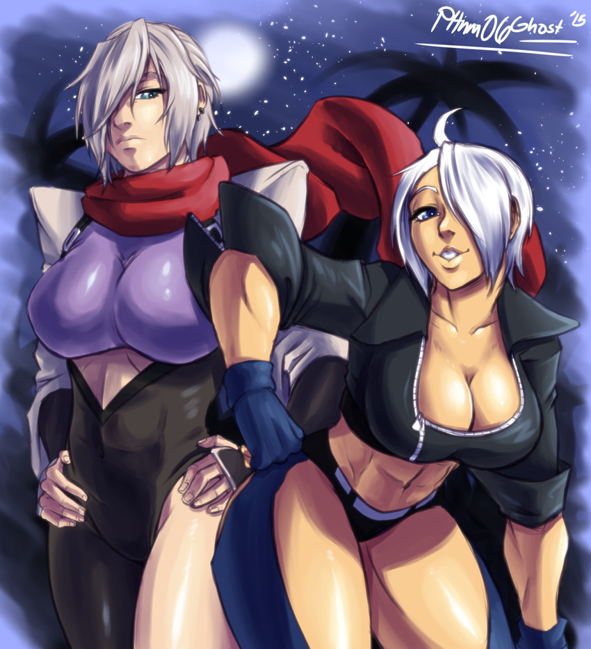 abs ahoge angel_(kof) asymmetrical_clothes blue_eyes bodysuit breasts chaps cleavage commentary covered_navel creator_connection cropped_jacket crossover earrings eyebrows fingerless_gloves gloves hand_on_hip hands_on_hips hattori_hanzo_uruka highres jewelry joe_shimamura large_breasts leaning_forward midriff multiple_girls night night_sky ninja panties scarf short_hair shoulder_pads silver_hair single_pantsleg skin_tight sky sleeves_pushed_up the_king_of_fighters thighs trait_connection underwear yatagarasu_(game) zipper