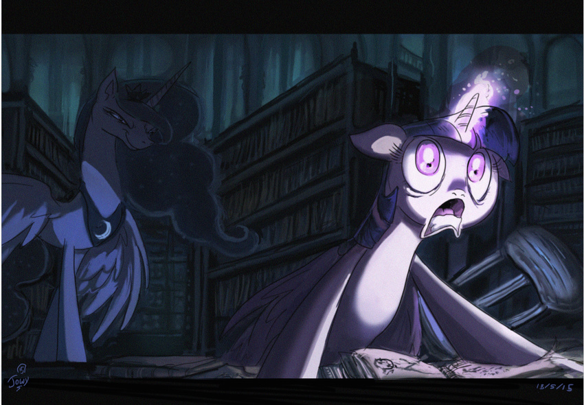 2015 book desk duo equine female friendship_is_magic glowing horn jowybean library magic mammal my_little_pony princess_luna_(mlp) purple_eyes scared twilight_sparkle_(mlp) winged_unicorn wings