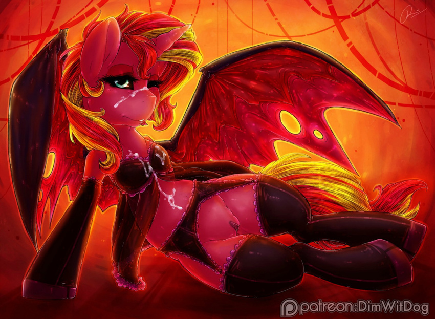 2016 bra clothed clothed_feral clothing cum cum_on_face demon digital_media_(artwork) dimwitdog equestria_girls equine female feral hair horn legwear lingerie long_hair mammal multicolored_hair my_little_pony one_eye_closed patreon pussy solo stockings sunset_shimmer_(eg) translucent transparent_clothing two_tone_hair underwear unicorn wings