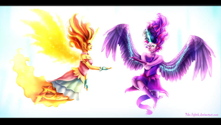 2015 9de-light6 anthro blue_eyes clothing crying dress duo equestria_girls equine feathers female fire flying friendship_is_magic fur gloves hair horn jewelry magic mammal multicolored_hair my_little_pony necklace purple_eyes purple_feathers purple_skin simple_background smile sunset_shimmer_(eg) tears twilight_sparkle_(eg) two_tone_hair unicorn white_background winged_unicorn wings yellow_skin