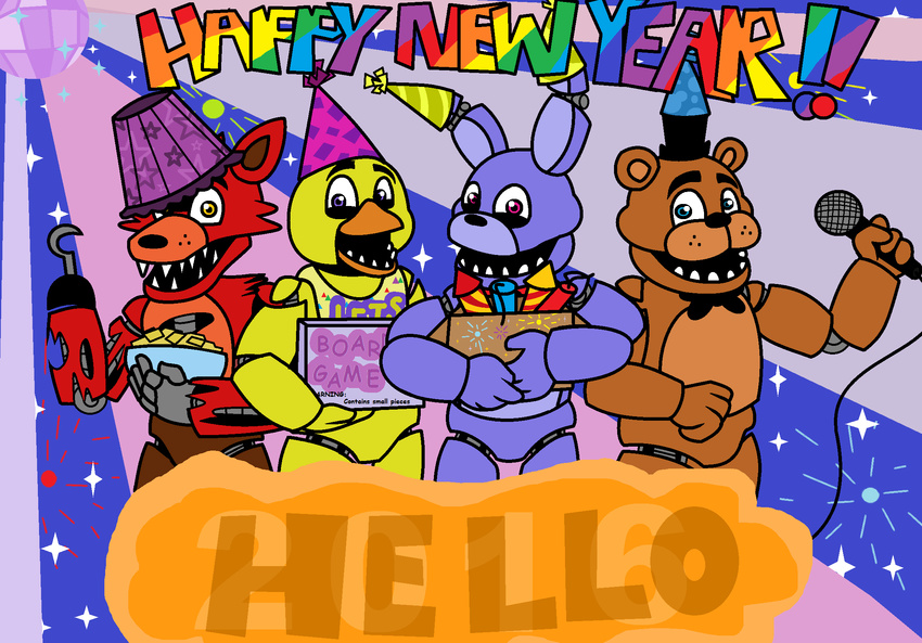 2016 animatronic avian avj_(artist) bear bird bonnie_(fnaf) canine chica_(fnaf) chicken five_nights_at_freddy's fox foxy_(fnaf) freddy_(fnaf) holidays lagomorph machine mammal new_year rabbit robot video_games