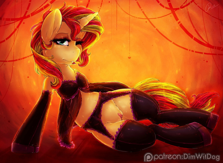 2016 bra clothed clothed_feral clothing digital_media_(artwork) dimwitdog equestria_girls equine female feral hair horn legwear lingerie long_hair mammal multicolored_hair my_little_pony one_eye_closed patreon pussy solo stockings sunset_shimmer_(eg) translucent transparent_clothing two_tone_hair underwear unicorn