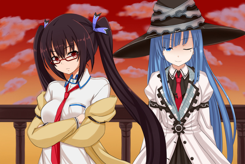 black_hair blue_eyes blue_hair blush breasts cosplay glasses hair_ornament hat imai_asami jacket long_hair mages. makise_kurisu makise_kurisu_(cosplay) medium_breasts mole mole_under_eye multiple_girls necktie neptune_(series) noire one_eye_closed red_eyes seiyuu_connection smile steins;gate sunset torone_(emerada121) twintails