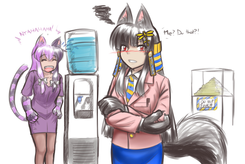 :d alternate_costume animal_ears anubis_(monster_girl_encyclopedia) black_hair blush bwsnowy cat_ears cat_tail cheshire_cat_(monster_girl_encyclopedia) closed_eyes commentary crossed_arms embarrassed english fur hair_ornament highres hime_cut laughing long_hair looking_at_viewer monster_girl monster_girl_encyclopedia multicolored_hair multiple_girls necktie office_lady open_mouth paws purple_hair red_eyes simple_background smile squiggle striped_tail tail two-tone_hair very_long_hair water_cooler white_background