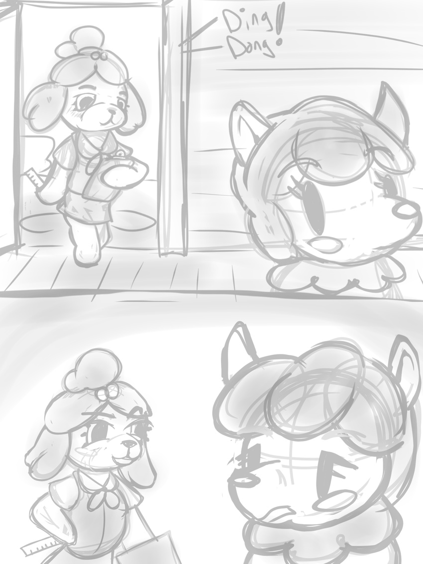 2016 alpaca animal_crossing anthro camelid canine clothed clothing comic eeekay female isabelle_(animal_crossing) mammal nintendo reese_(animal_crossing) video_games