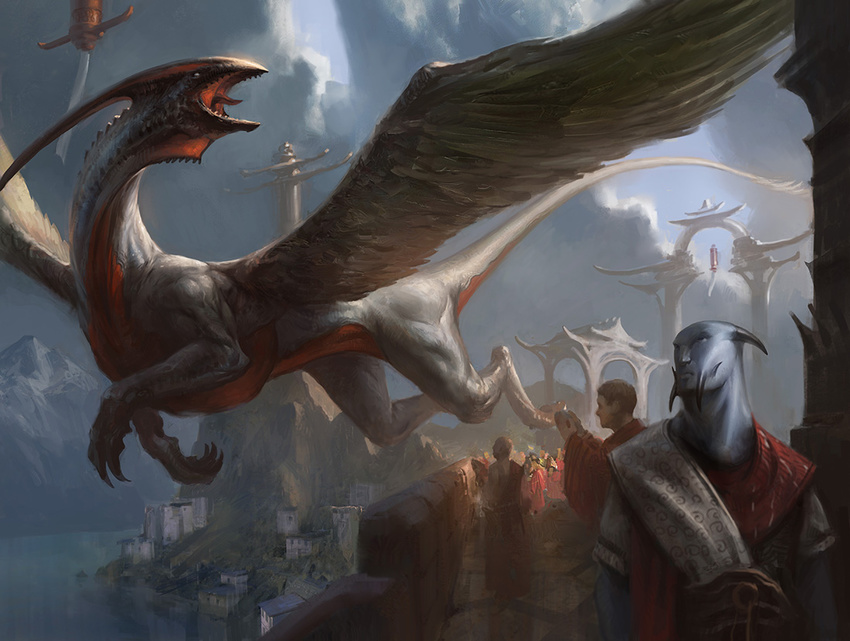 adam_paquette building crowd djinn dragon feathered_wings feathers flying front_view gate group horn human landscape long_neck magic_the_gathering mammal official_art open_mouth quadruped scalie solo_focus spread_wings wings