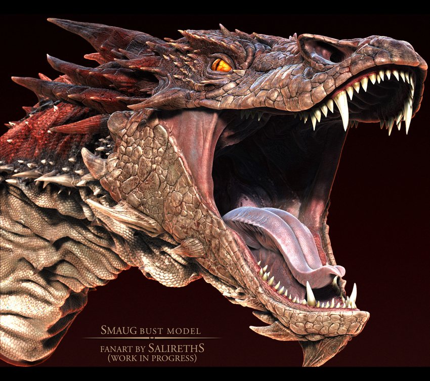 3d_(artwork) ambiguous_gender bust_(disambiguation) cgi digital_media_(artwork) dragon feral hi_res horn lizard male open_mouth portrait reptile salireths scales scalie sharp_teeth simple_background smaug solo teeth the_hobbit tongue tongue_out yellow_eyes