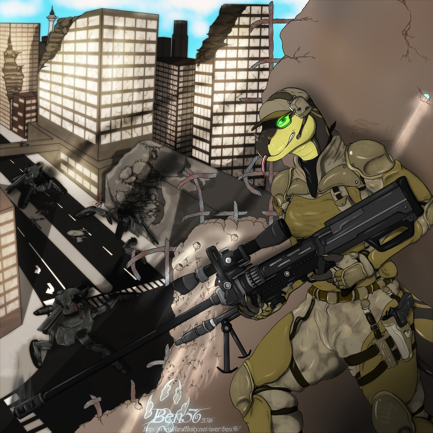 anthro ben56 breasts building city claws clothed clothing death digital_media_(artwork) female fire gun handgun hat looking_at_viewer machine near_future ntw-20 outside pistol ranged_weapon rashii reptile rifle scalie smile snake sniper sniper_rifle solo tank tongue tongue_out uniform vehicle weapon