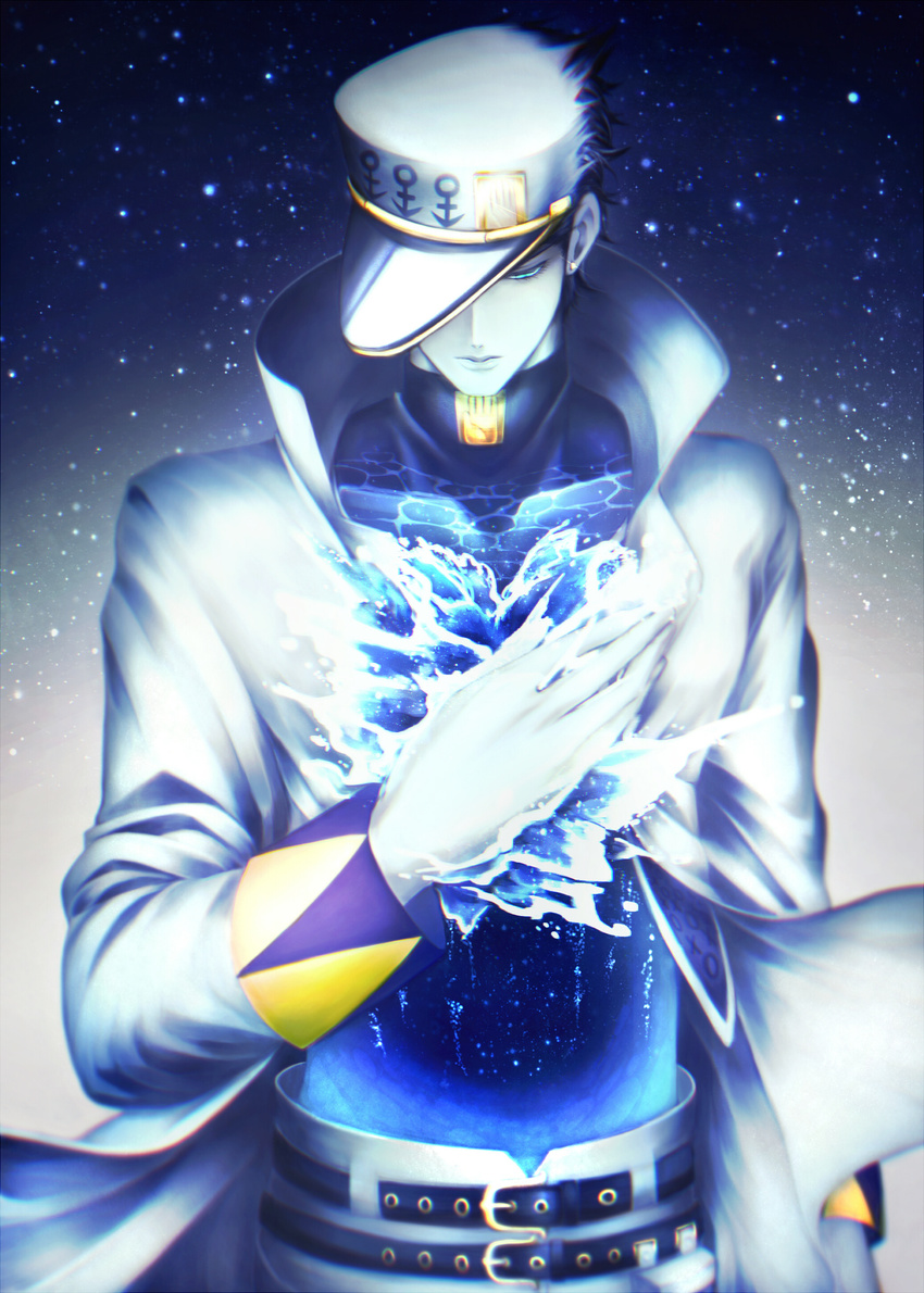 absurdres air_bubble alo_(m-o-k-e-k-e) arm_at_side belt black_hair blue blue_eyes bubble closed_mouth gradient hand_on_own_chest hand_print hat hat_over_one_eye highres jojo_no_kimyou_na_bouken kuujou_joutarou long_coat long_sleeves looking_down male_focus one_eye_covered pale_skin pants print_hat print_shirt shirt solo star_(sky) torn_clothes torn_hat turtleneck upper_body water waves white_coat white_hat white_pants