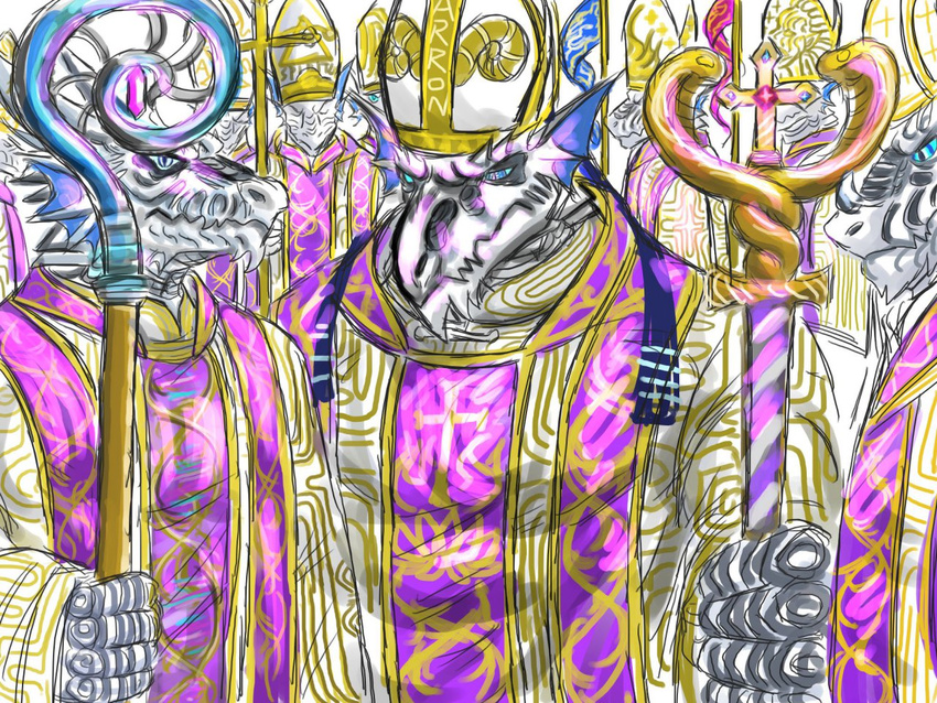 anthro blue_eyes caduceus cane cleric clerical_clothing cross dragon holy_cross pope priest religion reptile rod scalie snake tagme vestment western_dragon yad
