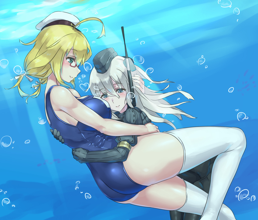 ass blonde_hair blue_eyes breast_press breast_smother breasts bubble cropped_jacket garrison_cap glasses hat heart hug i-8_(kantai_collection) kantai_collection large_breasts long_hair low_twintails md5_mismatch military military_uniform mizuumi_(bb) multiple_girls one-piece_swimsuit puffy_sleeves school_swimsuit smile sunlight swimsuit thighhighs twintails u-511_(kantai_collection) underwater uniform white_legwear