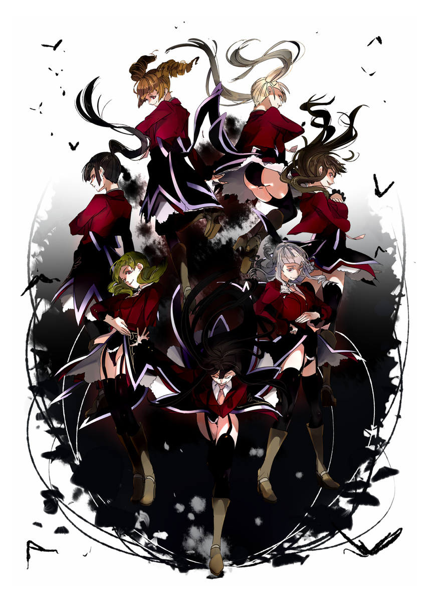 asmodeus ass beelzebub belphegor black_hair black_legwear blonde_hair boots brown_hair closed_eyes drill_hair garter_straps green_hair hand_on_hip highres leotard leviathan_(umineko) lucifer mammon multiple_girls necktie ponytail red_eyes satan smile sofy stakes_of_purgatory thighhighs twin_drills twintails umineko_no_naku_koro_ni white_hair