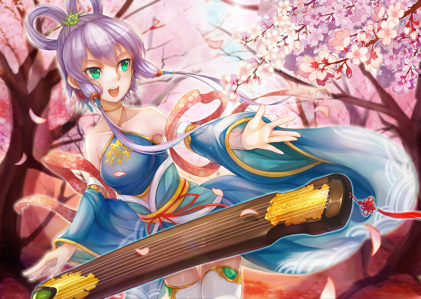 absurdres bad_id bad_pixiv_id bare_shoulders blurry choukoukou_no_diaosi depth_of_field detached_sleeves flower green_eyes hair_flower hair_ornament hair_rings hair_stick hair_tubes halterneck highres instrument lavender_hair luo_tianyi open_mouth petals round_teeth short_hair_with_long_locks sidelocks smile solo teeth thighhighs vocaloid vocanese