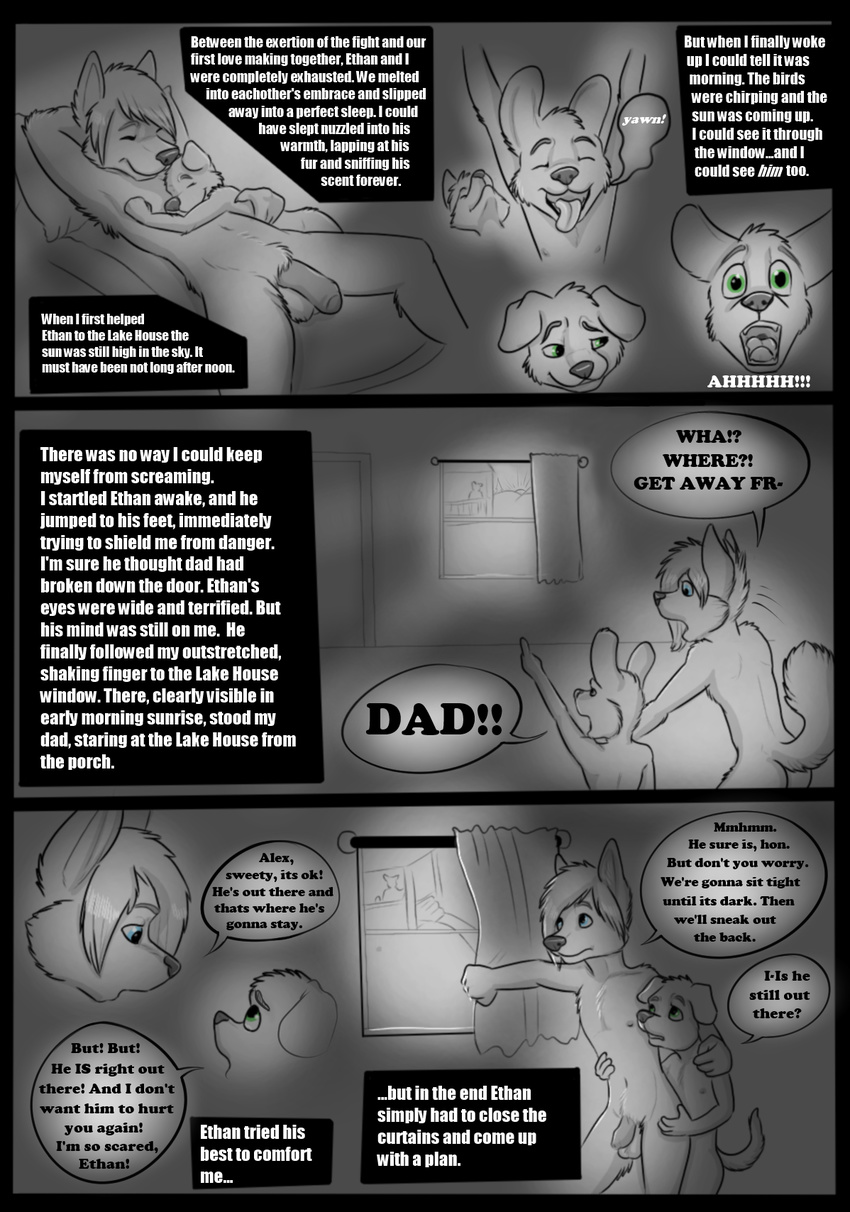 2013 alex anthro balls barefoot blue_eyes butt canine comic cub digital_media_(artwork) dog duo english_text ethan facial_hair fur gloebis hiding male male/male mammal monochrome morhlis nude paws penis scared screaming shadow text window young