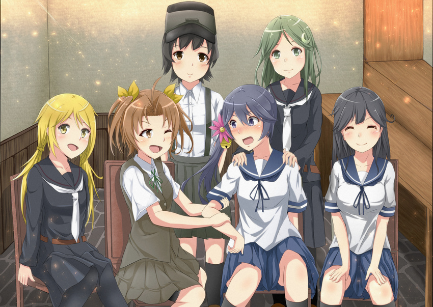 absurdres ahoge akebono_(kantai_collection) alternate_eye_color arare_(kantai_collection) arm_grab arms_behind_back bell bike_shorts black_hair black_legwear black_serafuku blonde_hair blouse blush breasts brown_eyes brown_hair chair closed_eyes collared_shirt commentary_request crescent crescent_hair_ornament flower green_eyes green_hair hair_bell hair_flower hair_ornament hair_ribbon hands_on_another's_shoulders hands_on_thighs hat highres indoors jingle_bell kagerou_(kantai_collection) kantai_collection kneehighs large_breasts long_hair long_sleeves looking_at_viewer low_twintails multiple_girls nagatsuki_(kantai_collection) neckerchief necktie no_gloves one_eye_closed open_mouth pantyhose pleated_skirt purple_eyes purple_hair ribbon satsuki_(kantai_collection) school_uniform serafuku shirt shohei_(piranha5hk) short_hair short_sleeves shorts shorts_under_skirt side_ponytail sitting skirt smile suspenders thighhighs twintails twitter_username ushio_(kantai_collection) very_long_hair vest w white_blouse white_neckwear yellow_eyes