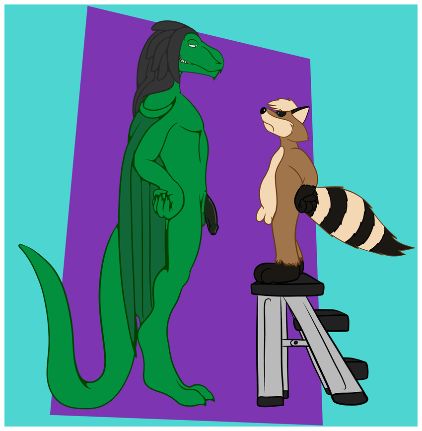 2016 animal_genitalia anthro balls cartoon comparing comparing_penis digital_media_(artwork) dreadlocks duo flaccid footstool frown fur genital_slit hair half-closed_eyes humanoid_penis lizard male male/male mammal modo_tu_(character) nude paws penis raccoon reptile scalie simple_background slit smile standing teeth toes tonyringtail_(character) uncut wings x231_(artist)