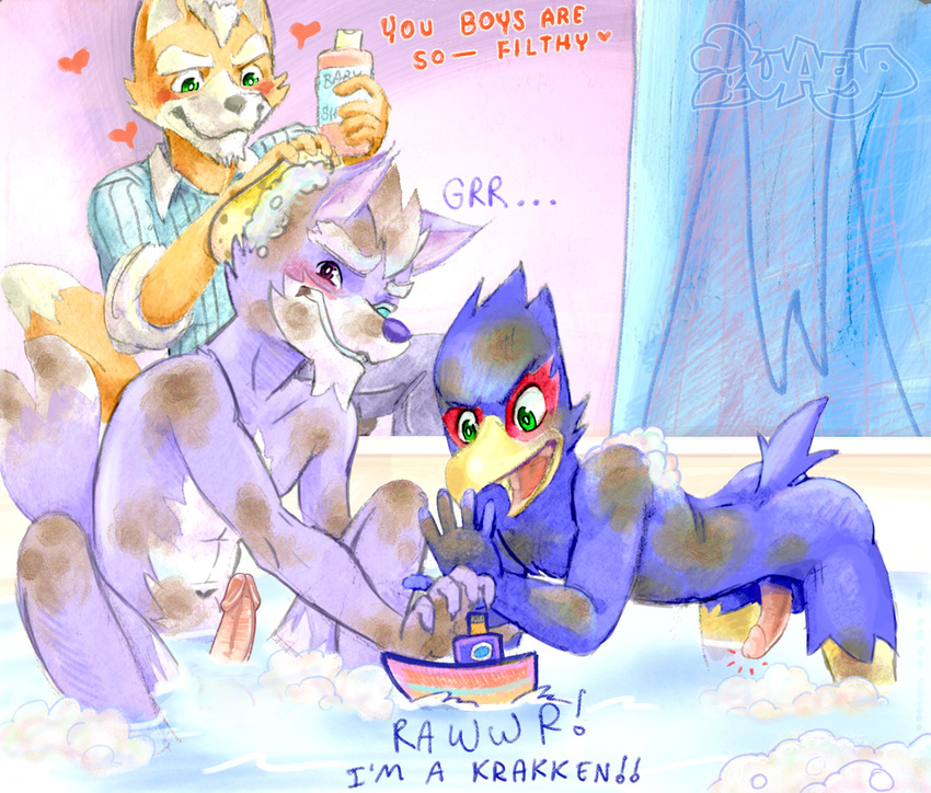 anthro avian bath bathing bird canine erection falco_lombardi fox fox_mccloud humanoid_penis male male/male mammal nintendo penis star_fox video_games water wolf wolf_o'donnell zuago