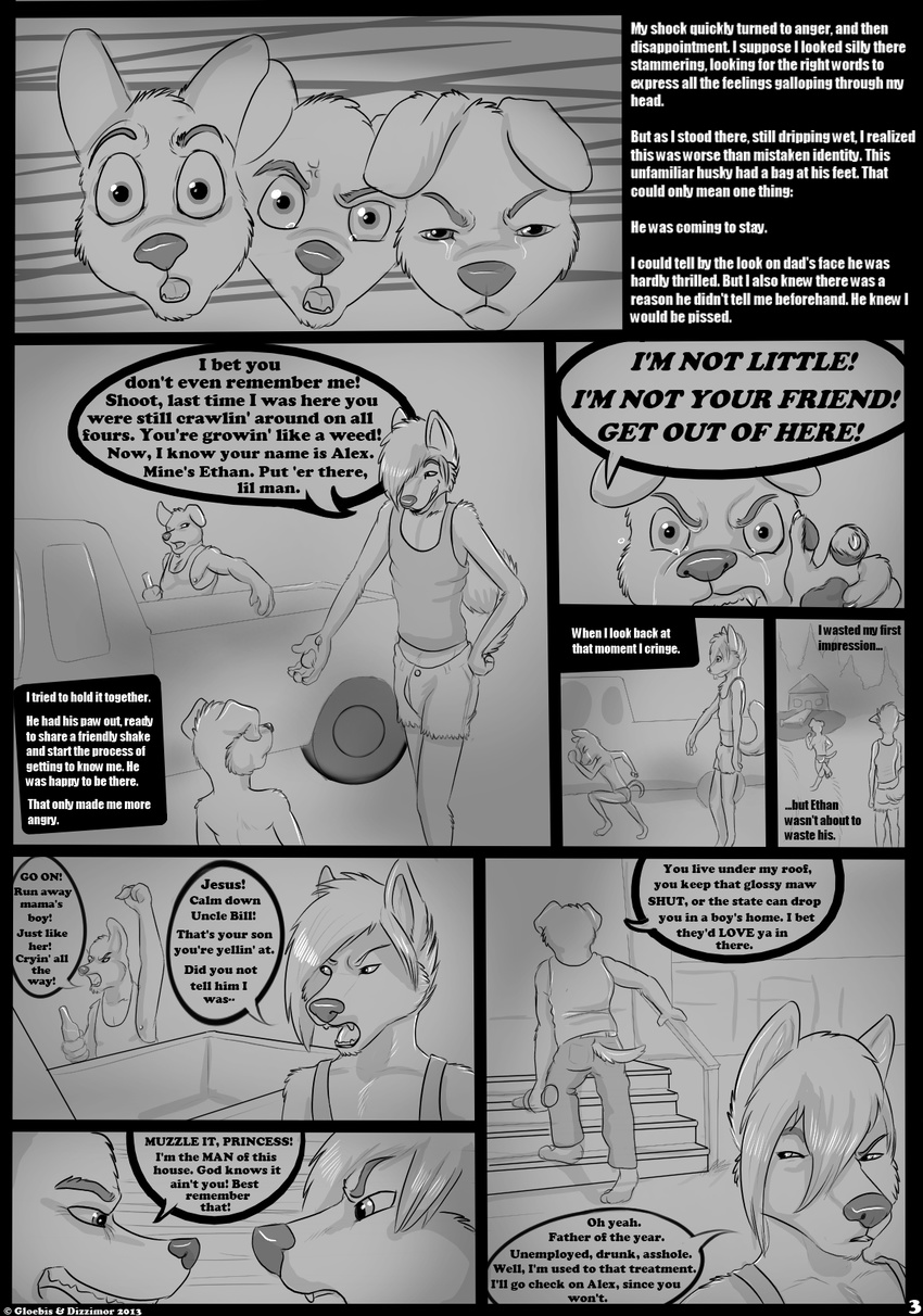 2013 alex angry anthro barefoot beverage canine car clothing comic cub digital_media_(artwork) dog english_text ethan eyes_closed facial_hair food fur gloebis group group_sex hi_res house male mammal morhlis pants paws running sex shirt sunlight text threesome tree underwear vehicle young