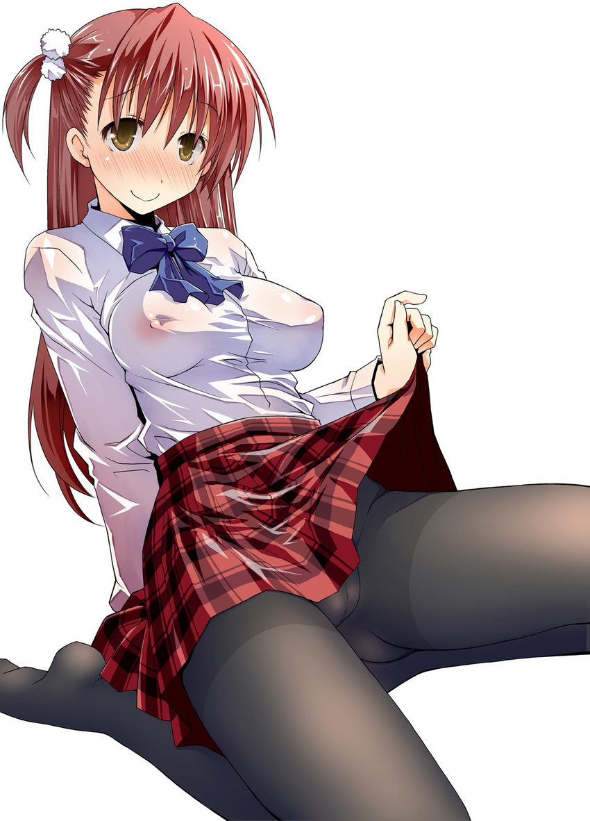 bangs blue_bow blush bow breasts brown_eyes cameltoe character_request collared_shirt commentary_request covered_nipples hair_bobbles hair_ornament highres jpeg_artifacts large_breasts long_hair long_sleeves one_knee one_side_up original pantyhose plaid plaid_skirt red_hair school_uniform shirt simple_background skirt skirt_lift smile solo theta_(ponkotsu_works) white_background white_shirt