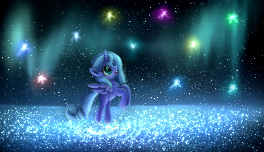 2014 9de-light6 blue_feathers blue_fur blue_hair equine feathered_wings feathers female feral friendship_is_magic fur glowing green_eyes hair hi_res horn mammal my_little_pony princess_luna_(mlp) sky smile solo spread_wings star winged_unicorn wings young