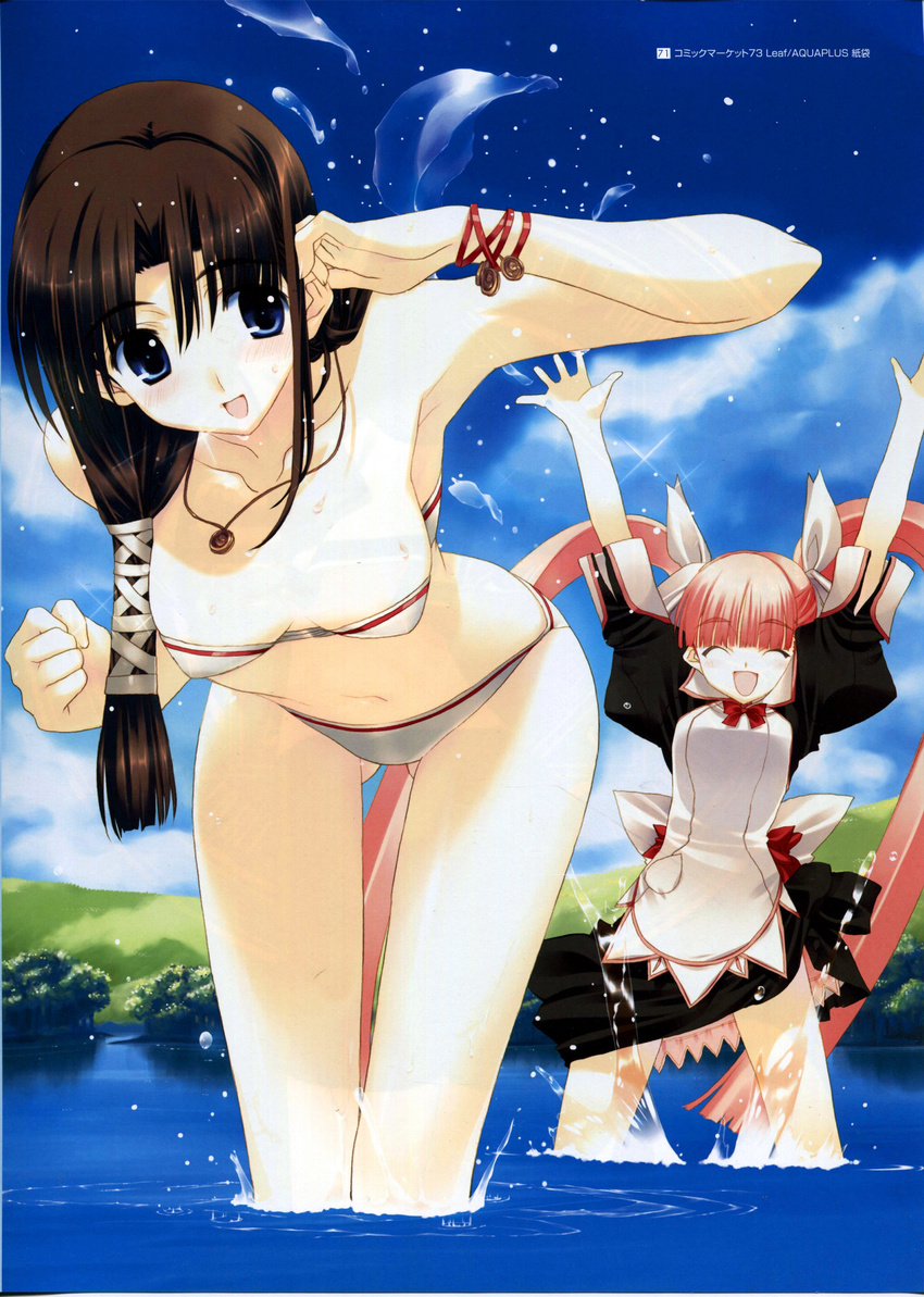 absurdres bare_shoulders bikini bikini_top blue_eyes blue_sky braid brown_hair closed_eyes cloud day dress highres jewelry long_hair multiple_girls nakamura_takeshi necklace non-web_source open_mouth outdoors outstretched_arms pink_hair riannon ribbon short_sleeves sky smile splashing swimsuit tears_to_tiara twintails wading water