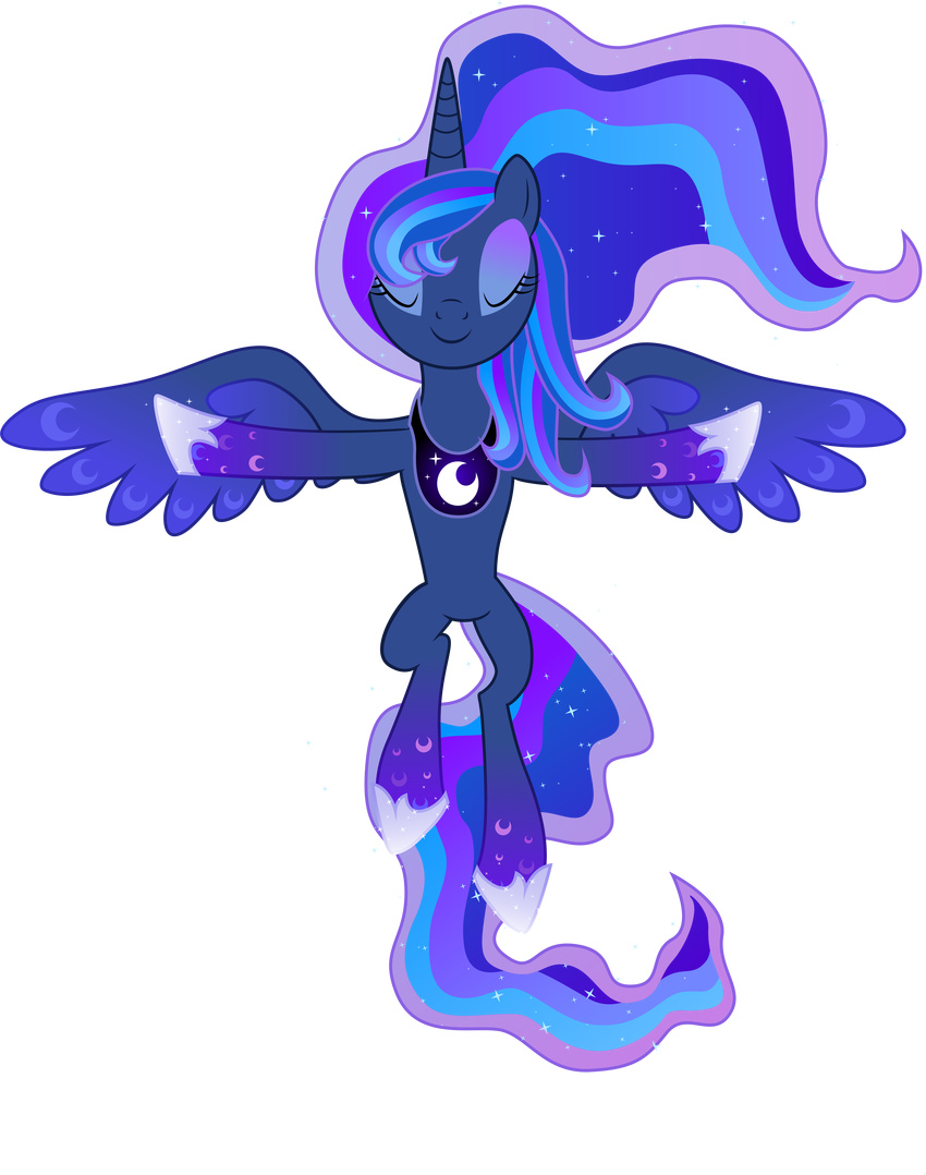 2014 9de-light6 absurd_res alpha_channel blue_feathers blue_fur equine eyes_closed feathered_wings feathers female feral flying friendship_is_magic fur hair hi_res horn jewelry mammal multicolored_hair my_little_pony necklace princess_luna_(mlp) simple_background smile solo spread_wings transparent_background winged_unicorn wings