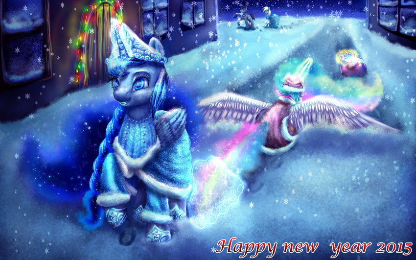 2014 9de-light6 blonde_hair blue_eyes blue_feathers blue_fur blue_hair christmas christmas_lights clothing coat crown ded_moroz derpy_hooves_(mlp) doctor_whooves_(mlp) door dress earth_pony english_text equine feathered_wings feathers female feral friendship_is_magic fur group hair hat hi_res holidays horn horse house magic mammal multicolored_hair my_little_pony outside pegasus pony princess_celestia_(mlp) princess_luna_(mlp) road smile snegurochka snow snowflake spread_wings text white_feathers white_fur window winged_unicorn wings winter