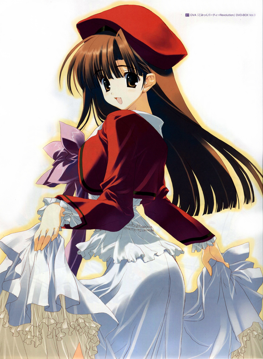 absurdres brown_eyes brown_hair comic_party dress hat highres long_hair long_skirt long_sleeves looking_at_viewer looking_back mikage_subaru nakamura_takeshi non-web_source open_mouth ribbon simple_background skirt skirt_lift smile solo very_long_hair